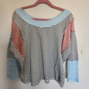 Ces Femme Striped Black & White Top with Coral Panels and Light Blue Trim